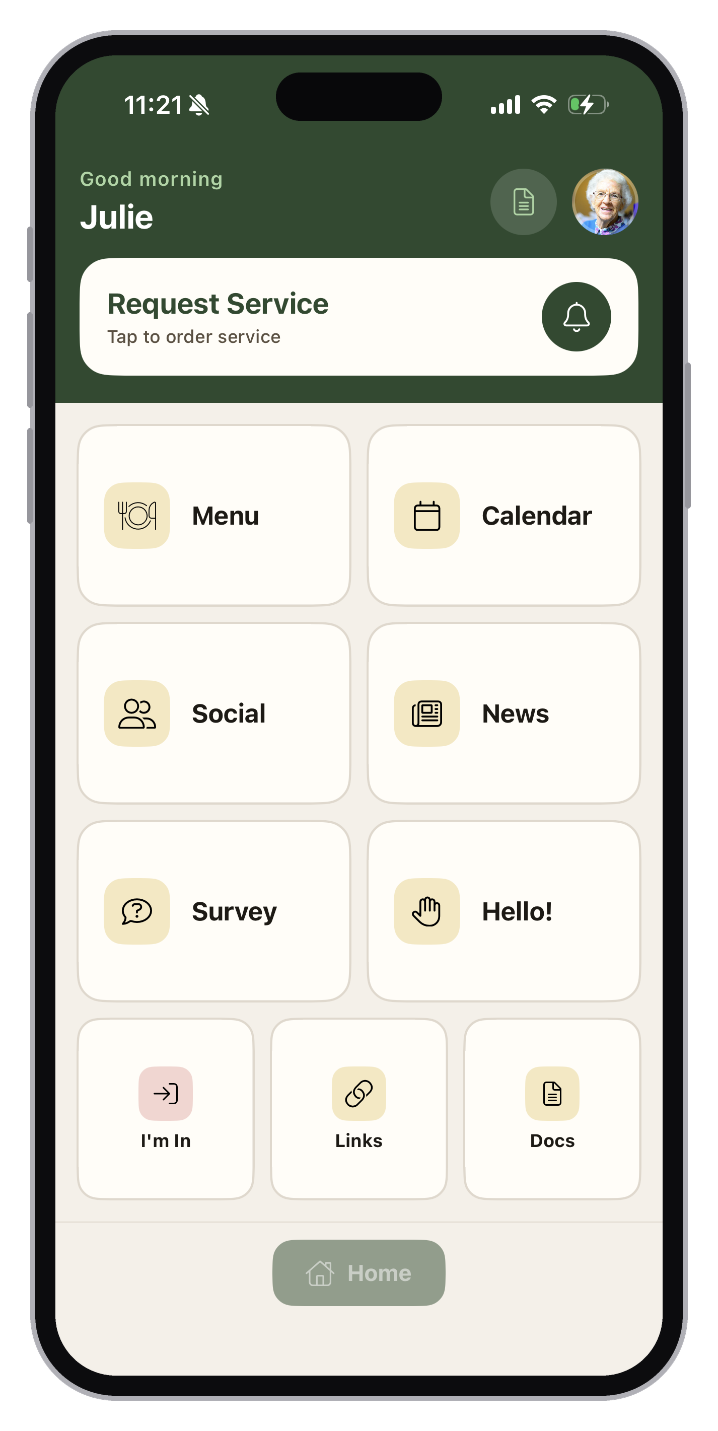 Speak2 Neighbors resident app home screen with Request Service, Menu, Calendar and Social buttons