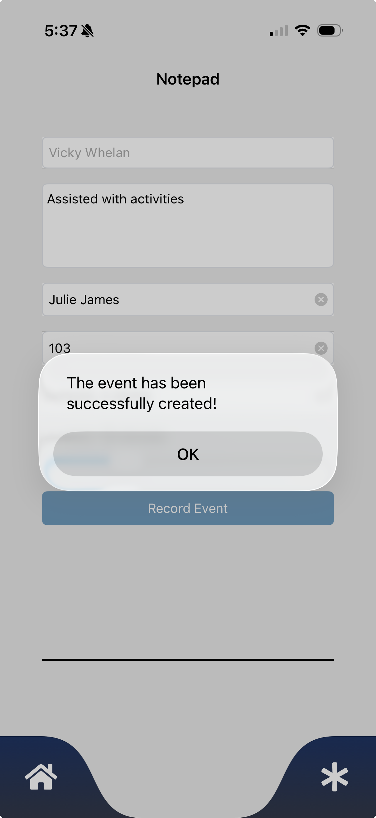 Staff using the Notepad mobile app to log a care interaction